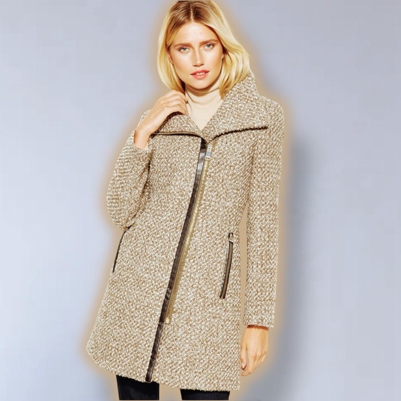 Calvin Klein Women’s Brown Tweed Wool Blend Asymmetrical ‘Walker’ Coat Size L - Picture 1 of 16